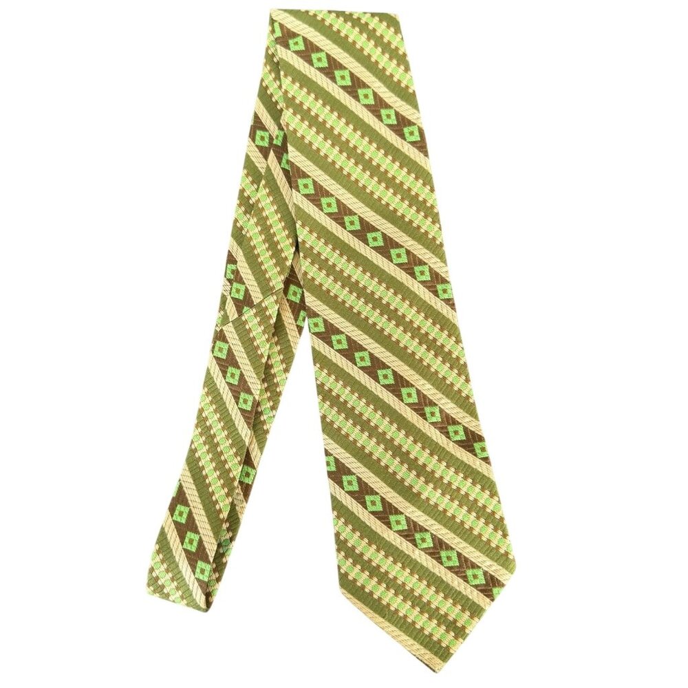 Vintage Green Brown Geometric Wide Tie by Fashion Craft Polyester Rockabilly 70s